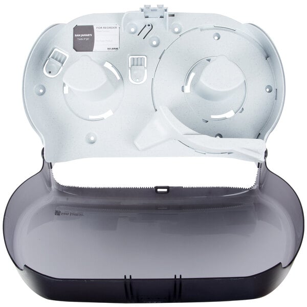 A black plastic San Jamar Twin Classic double roll toilet tissue dispenser with two rolls.