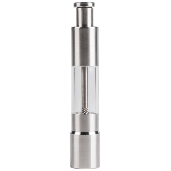 An American Metalcraft stainless steel pepper/salt mill with a glass top.