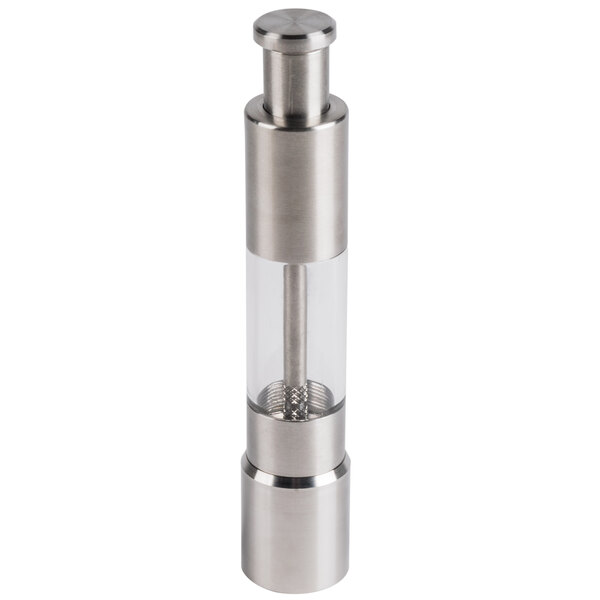 An American Metalcraft stainless steel pepper and salt mill with a clear glass tube inside a metal cylinder.