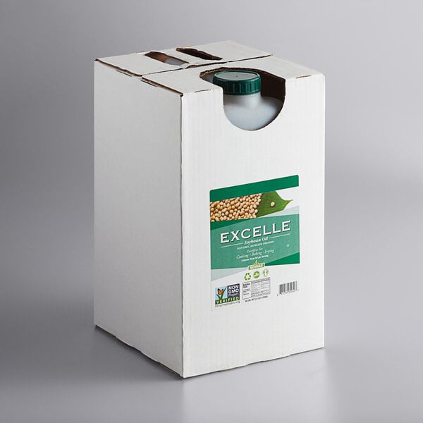 A white container of Non-GMO Soybean Oil with a green cap.