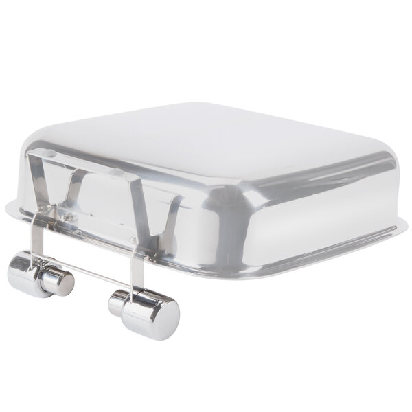 A silver metal container with a metal base and two handles.