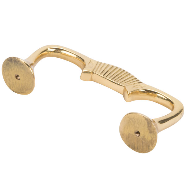 A brass handle with two holes on it for a Vollrath Classic Chafer cover.