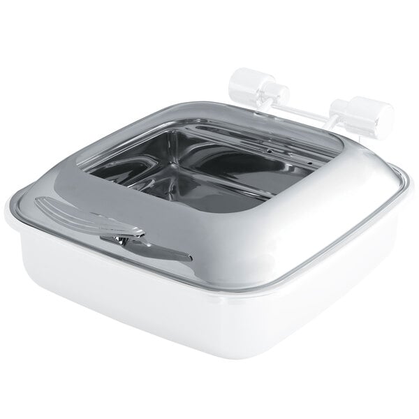 A white square glass lid with a handle for a Vollrath Intrigue chafer.