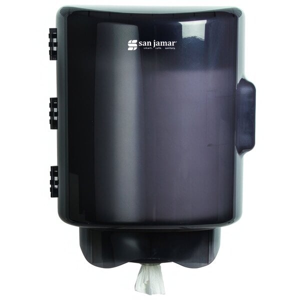 A black plastic San Jamar center pull towel dispenser.