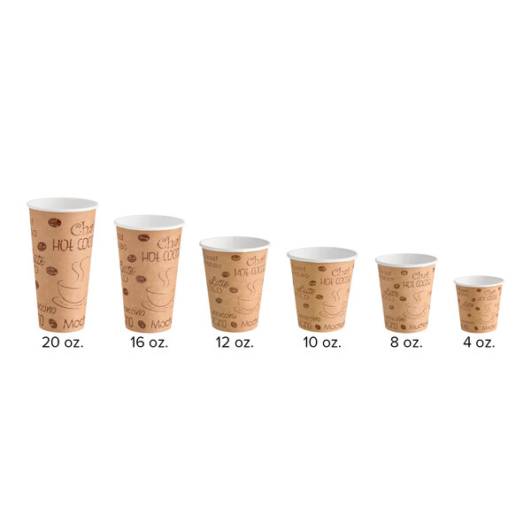 A set of six brown cafe print poly paper hot cups in sizes 20 oz., 16 oz., 12 oz., 10 oz., 8 oz., and 4 oz.