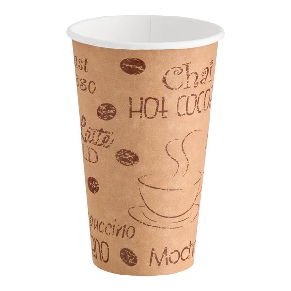 A 16 oz. paper hot cup with a cafe-themed print and a white interior.