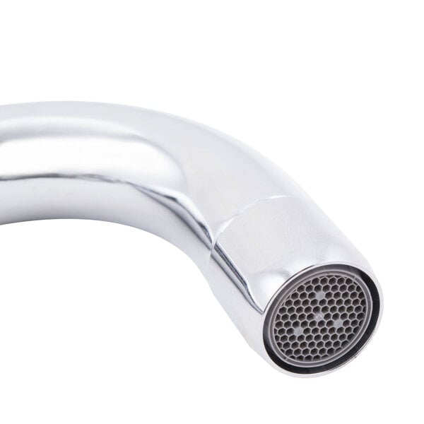 A close-up of a chrome Equip by T&S deck-mount faucet with a swivel base and swing nozzle.