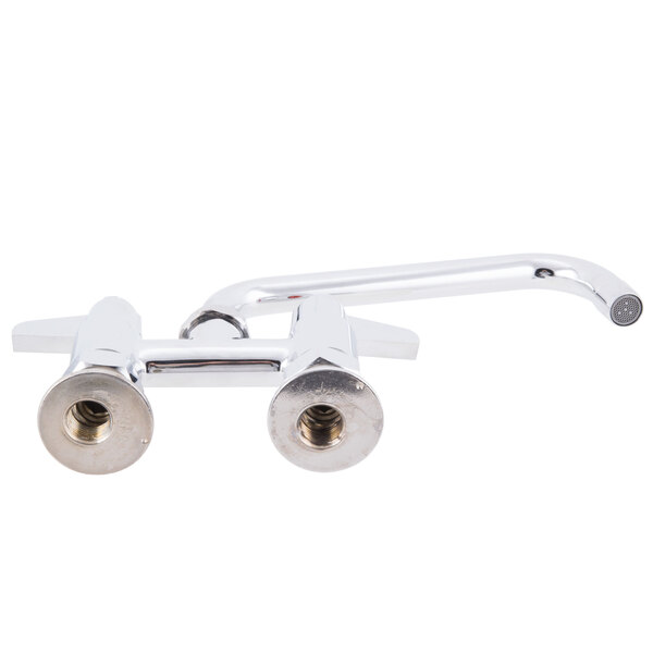 A chrome Equip by T&S deck-mount faucet with two handles and a swivel nozzle.