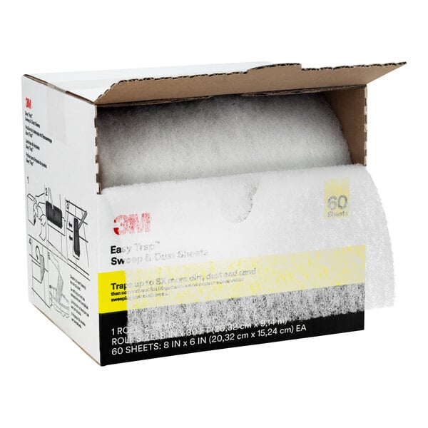 A box of 3M Easy Trap duster sheet roll measuring 6 inches by 8 inches by 30 feet.