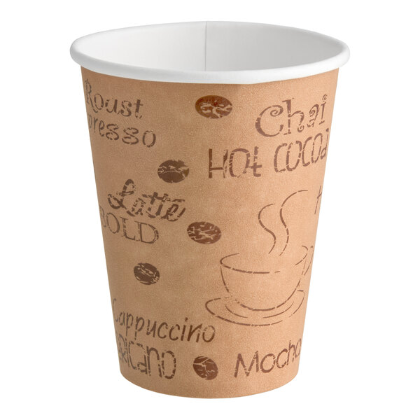 A 12 oz. paper hot cup with a brown cafe-themed print and white interior.