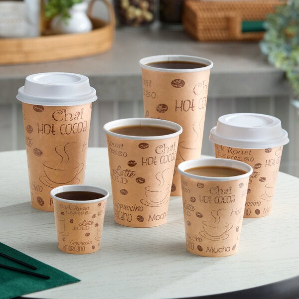 A set of brown paper hot cups with a cafe-themed print, shown in various sizes and filled with coffee.