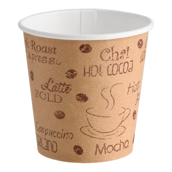 A 4 oz. paper hot cup with a brown cafe-themed print and white interior.