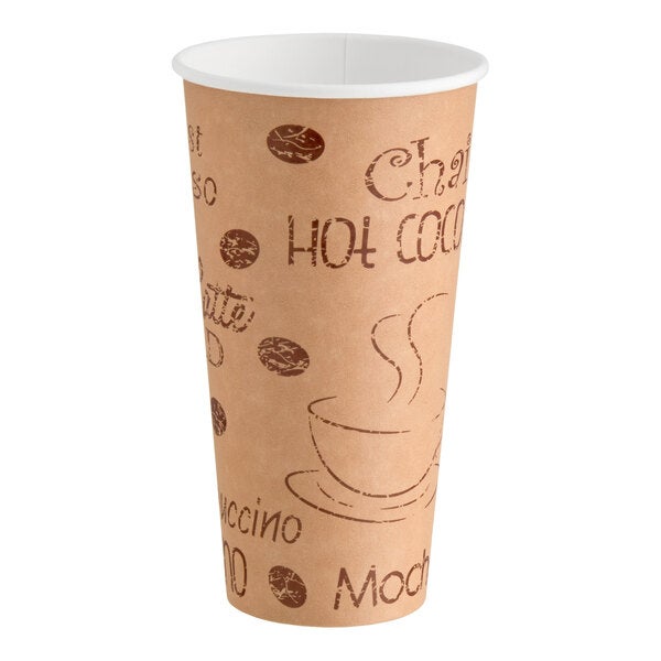 A 20 oz. paper hot cup with a cafe-themed print design.