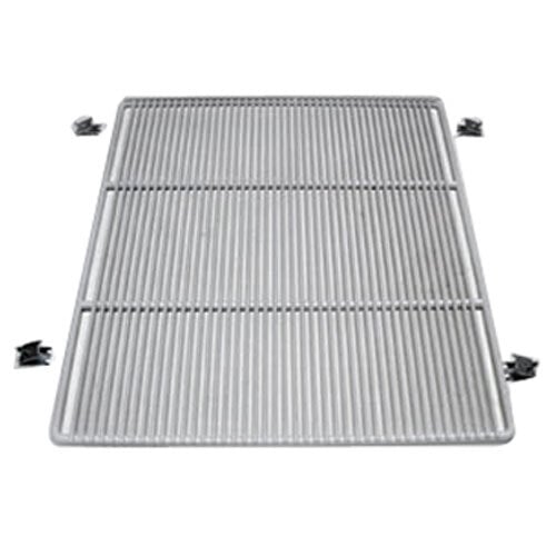 A white coated metal wire half shelf with a metal grate and screws.