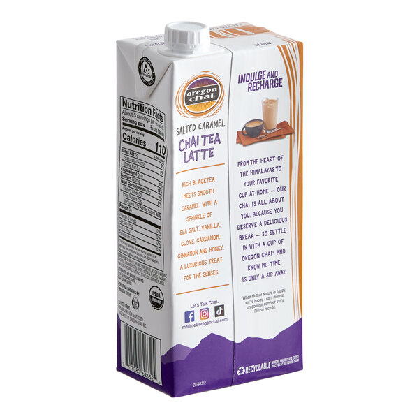 A 32 fl. oz. carton of Oregon Chai Organic Salted Caramel Chai Tea Latte 1:1 concentrate.