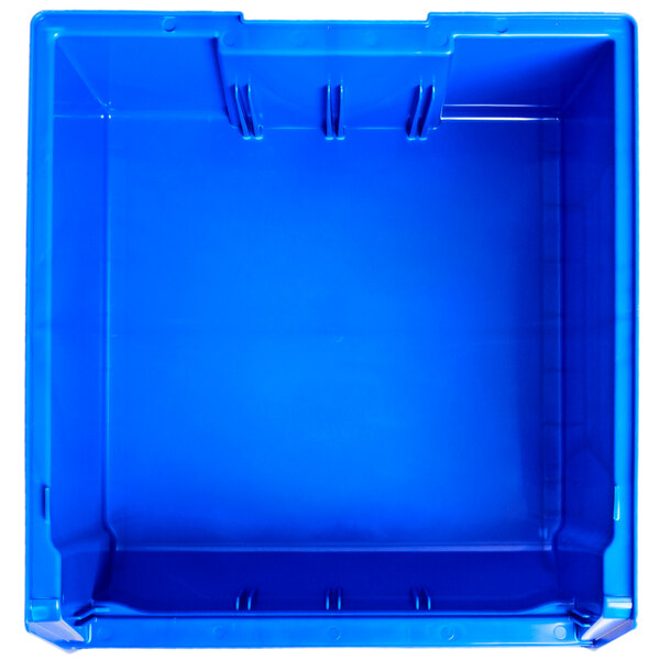 A blue plastic Metro stack bin.