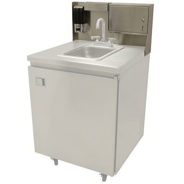 A stainless steel sink with an Advance Tabco TA-MSC-2 bolt-on paper towel, soap, and drip tray unit.