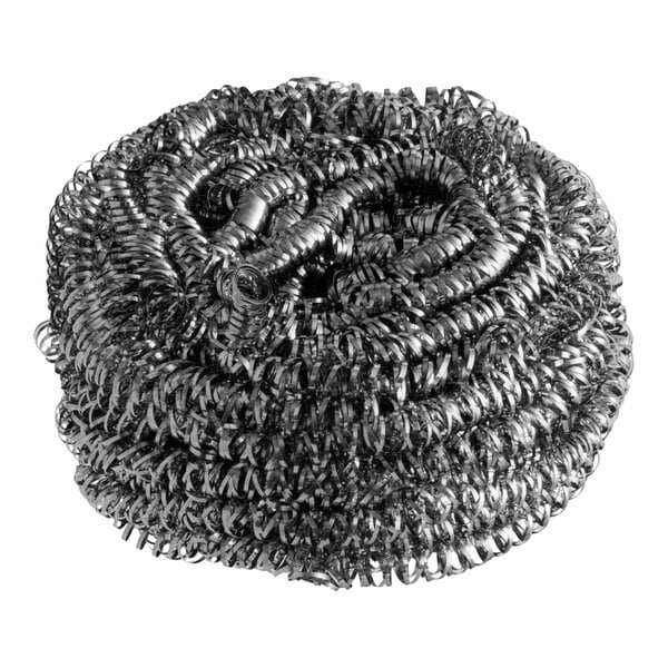 A round stainless steel scrubber used for cleaning tough stains and residue from surfaces.