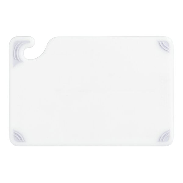 A white San Jamar bar size cutting board with a hook.