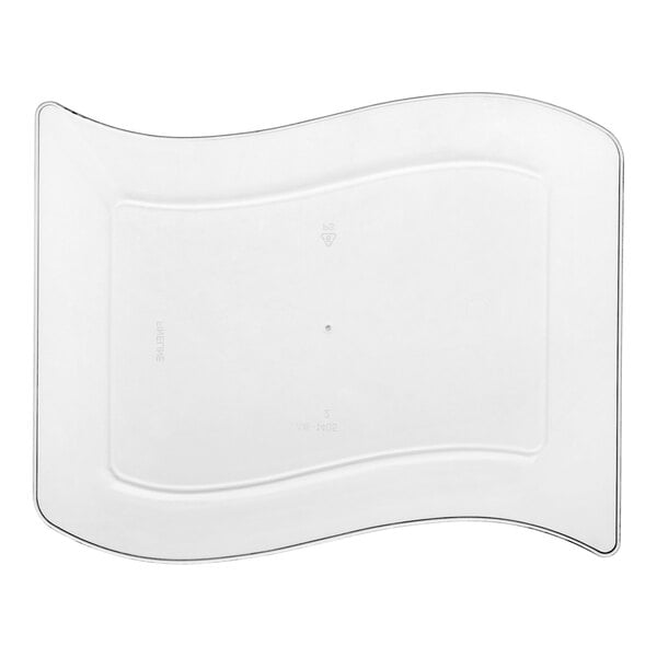 A clear plastic dessert plate with a wavy rectangular shape.