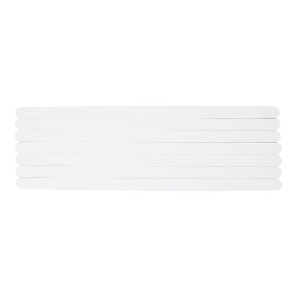 Eight white, flat, rectangular strips with rounded ends are arranged in a neat stack on a plain background.