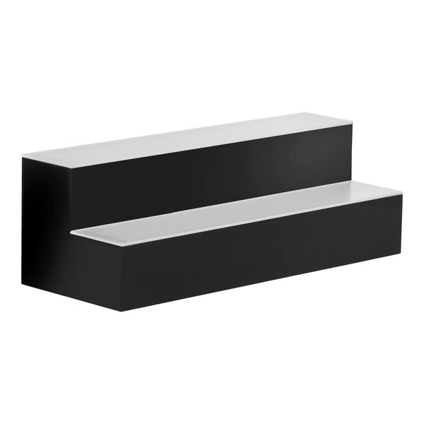 A two-tiered black liquor display shelf with built-in LED lighting.