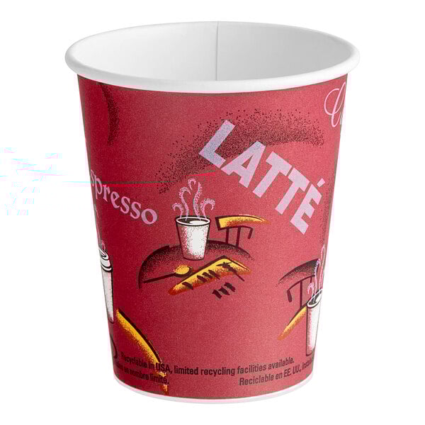 A red Solo paper hot cup with white print of the word "Bistro" and images.