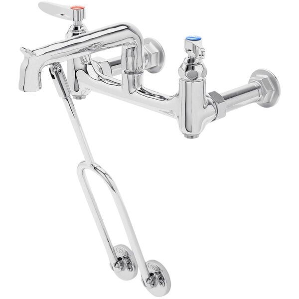 A close-up of a chrome T&S service sink faucet with a handle and hose.