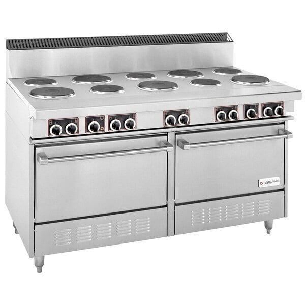 A stainless steel Garland restaurant range with two standard ovens and ten sealed burners.