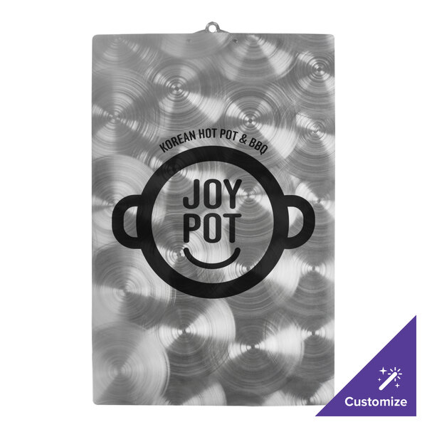 A silver Menu Solutions Alumitique clipboard with a logo on it.