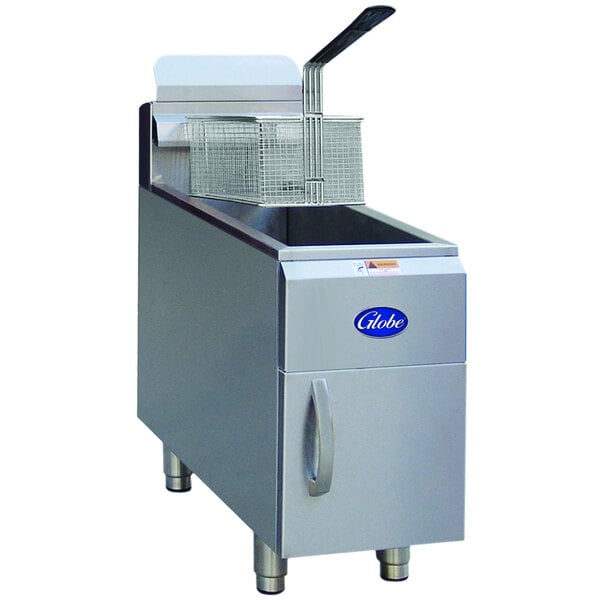 A Globe liquid propane countertop fryer with a basket.