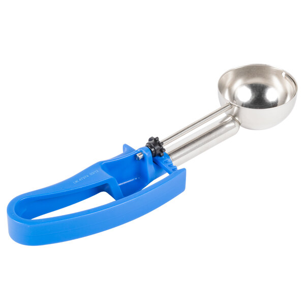 A blue and silver Vollrath #16 ice cream scoop with an extended handle.