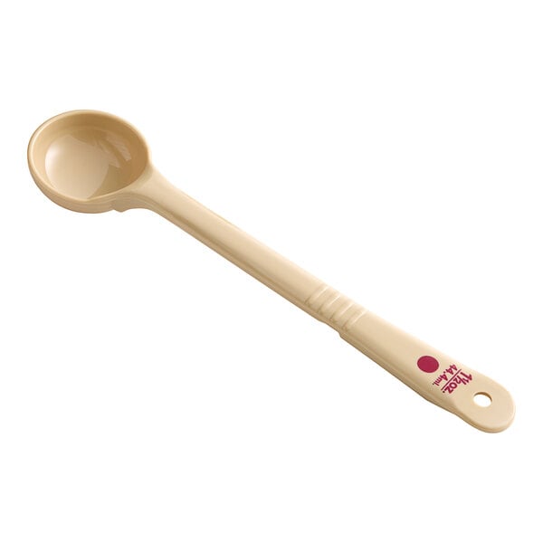 A Carlisle Measure Misers portion spoon with a red and beige handle.