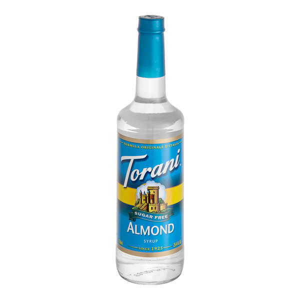 A Torani Sugar-Free Almond Flavoring Syrup 750 mL glass bottle.
