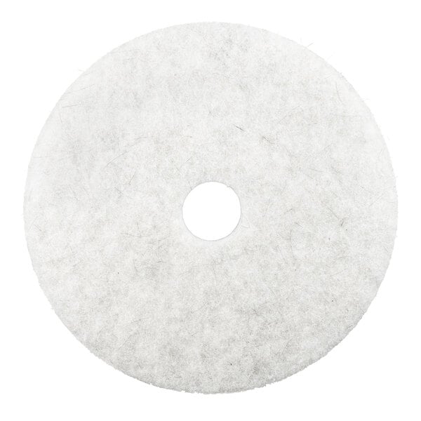 A round, white, light duty burnishing floor pad with a central hole.
