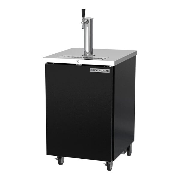 A black single tap kegerator beer dispenser with a stainless steel top and caster wheels.