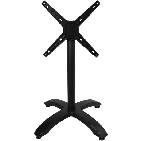 A BFM Seating black metal standard height table base with an X shaped base.