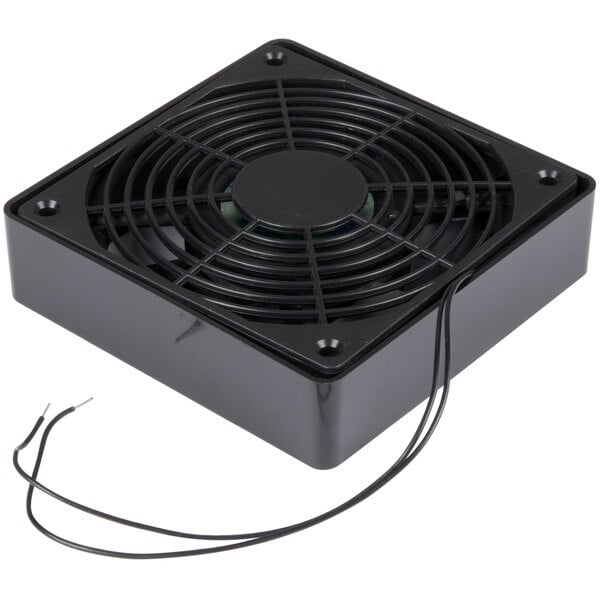 A black square device with a black fan and wires.