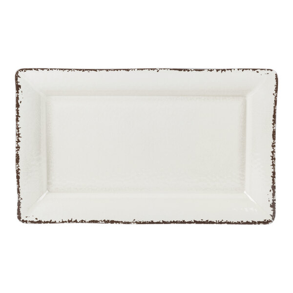 An American Metalcraft antique white rectangular melamine tray with brown speckled edges.