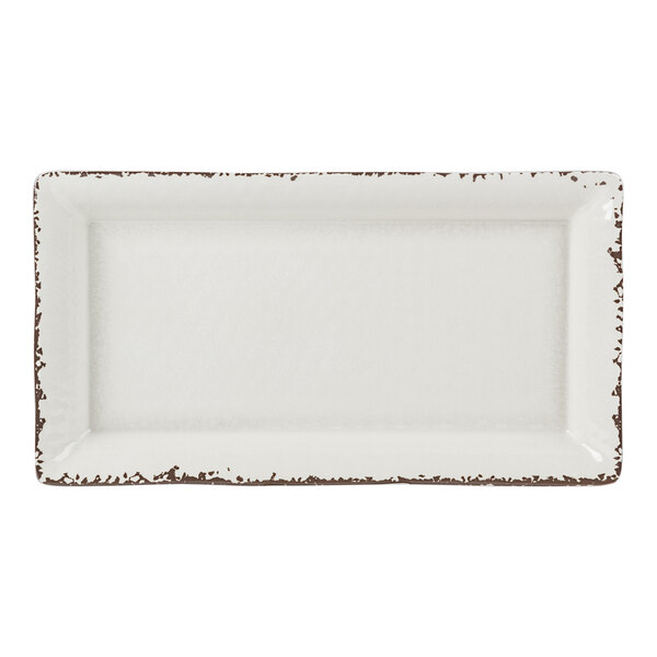 An American Metalcraft antique white rectangular melamine tray with brown edges.