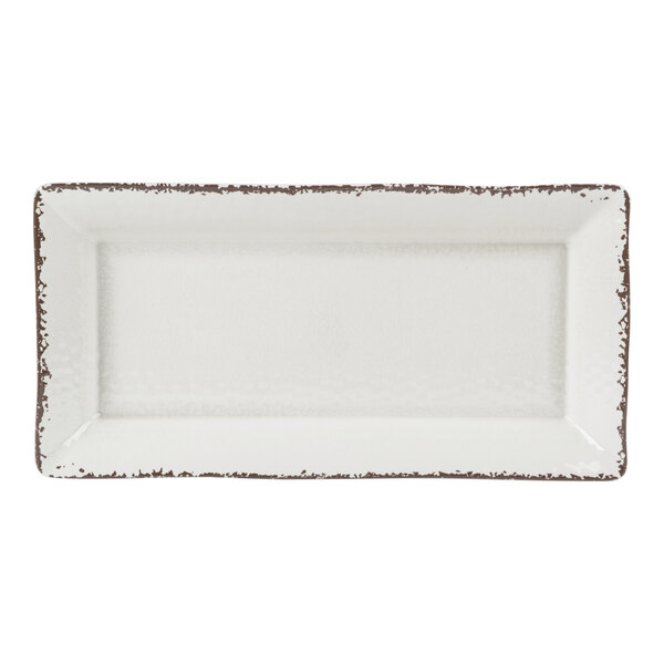 An American Metalcraft white rectangular platter with a brown border.
