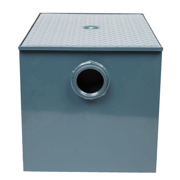 A grey rectangular metal box with a round hole in the top.