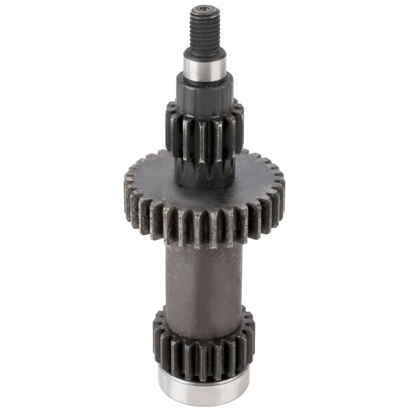 A close-up of a black metal gear with an axle on a white background.