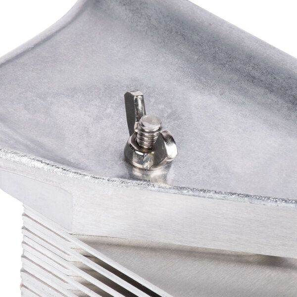 A metal plate with a screw and nut on it.