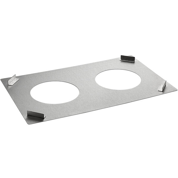 A stainless steel Nemco adapter plate with two holes.
