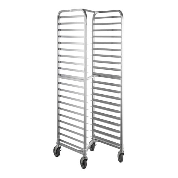 A metal nesting bun or sheet pan rack with 20 slots and four caster wheels.