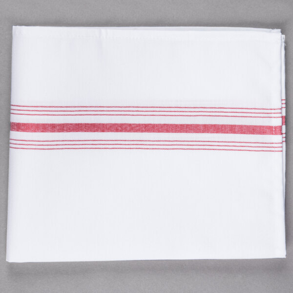 A white cloth napkin with red stripes.