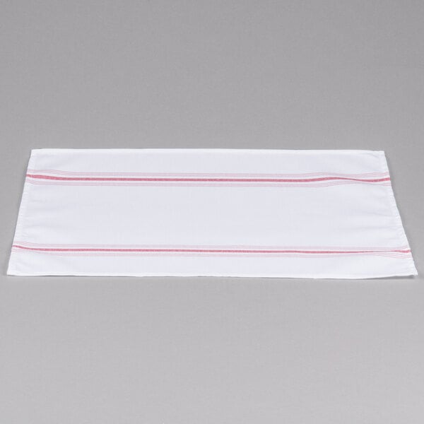 A red and white striped Snap Drape cloth napkin.