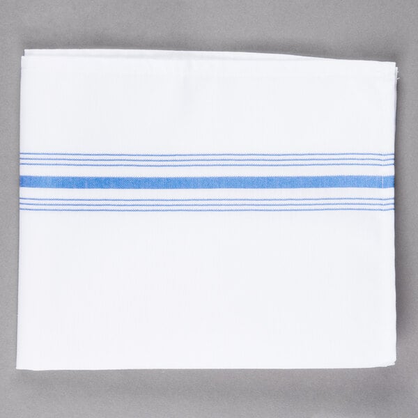 A white cloth napkin with blue stripes.