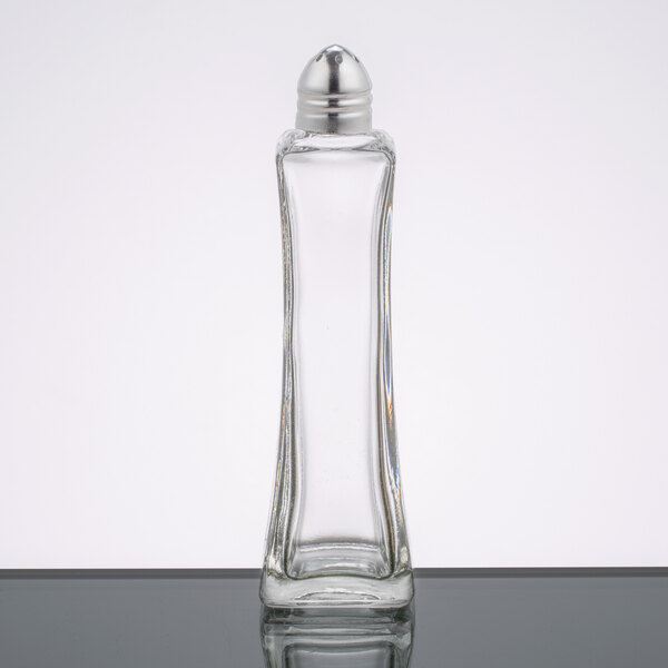A case of 24 clear glass Tablecraft Metro salt and pepper shakers with silver tops.